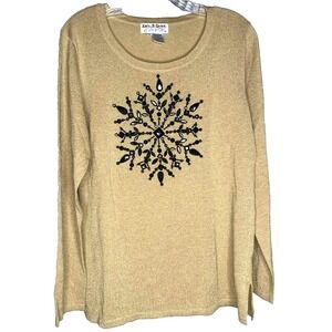 Jack B Quick Women's Blouse Size Large Beaded snowflake‎ gold metallic Christmas